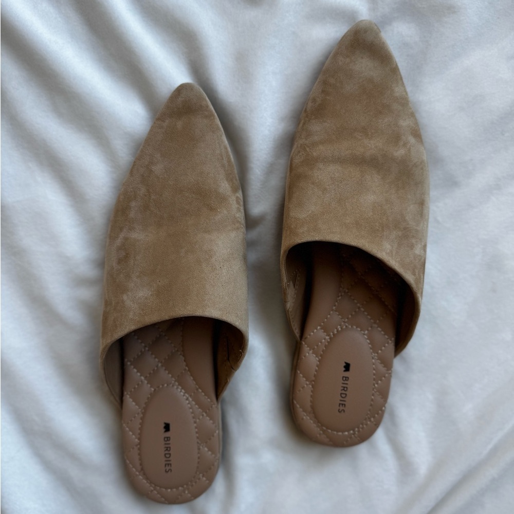 Birdies Pointed Toe Tan Suede Mules